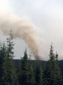 A smoke column rises from the 665-acre Nugget Creek Fire at 10 p.m. Wednesday night. Photo by Tim Mowry/Alaska Division of Forestry