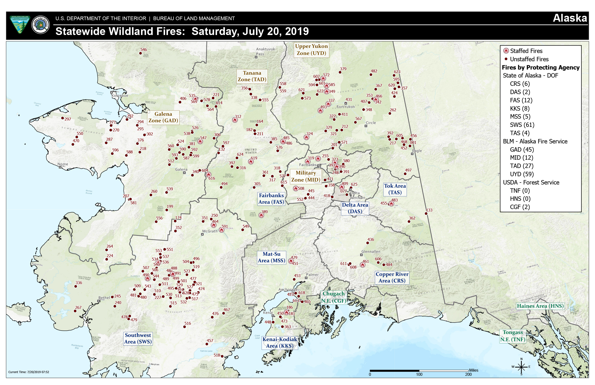 A map of active fires across Alaska on Saturday, July 20, 2019.

Download a PDF version of this map.