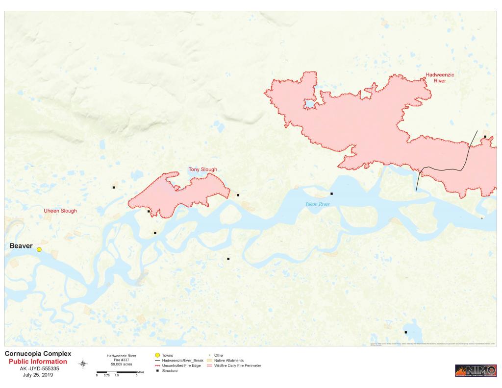 Map of the west side of the Hadweenzic River Fire for July 25, 2019.