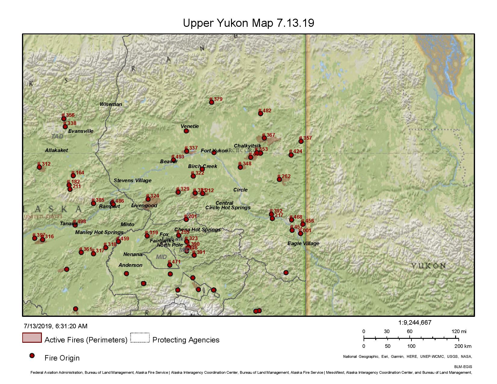 Map of Upper Yukon Fire Management Zone area fires on July 13, 2019.