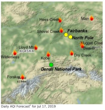 Map with partial list of northern Alaska cities with fires including: Fairbanks, North Pole, and Denali National Parks