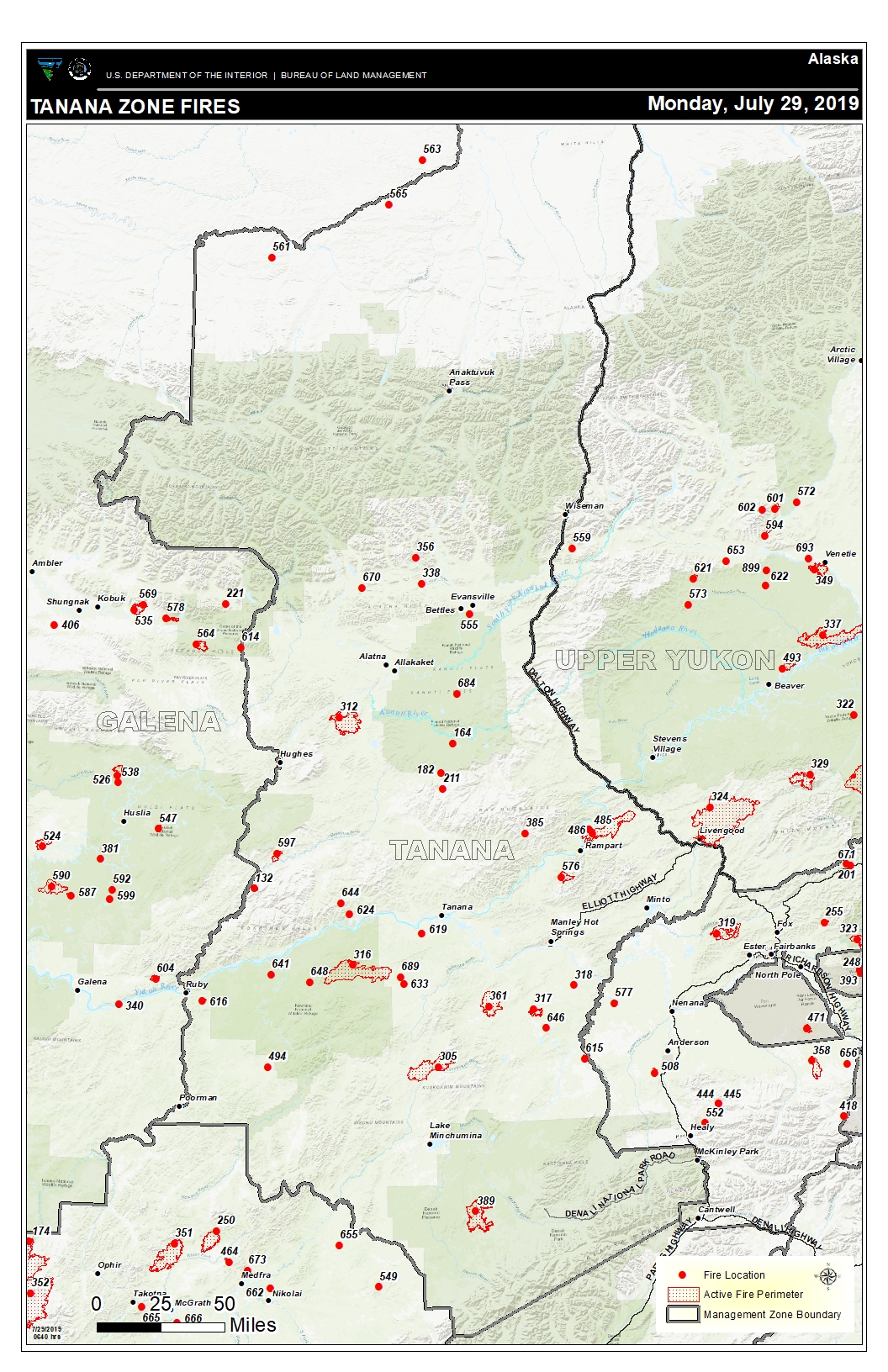 Map shows current wildfire locations and perimeters in the Tanana Zone in central Alasksa