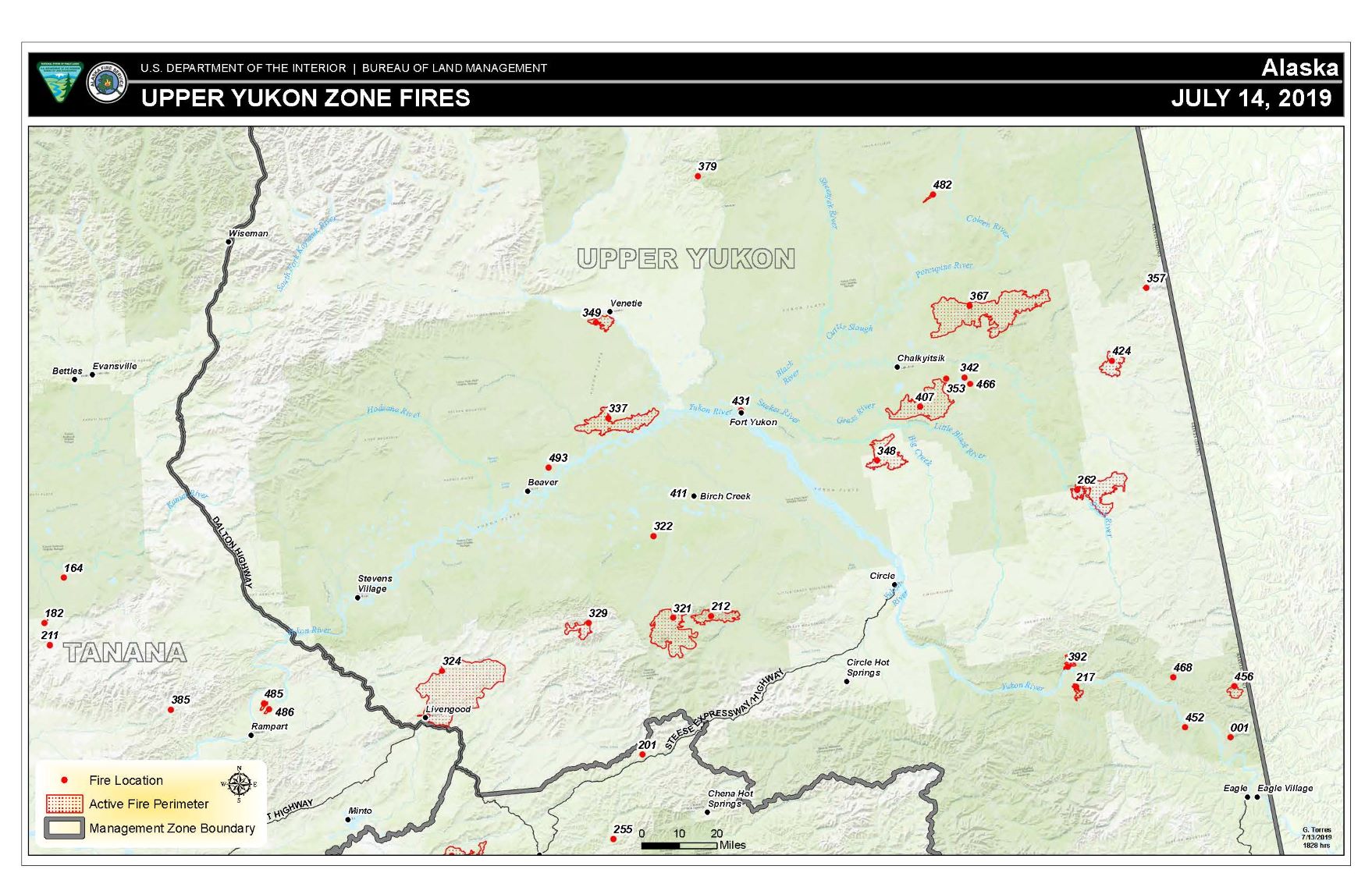 Map of fires in the Upper Yukon Zone on July 14, 2019.