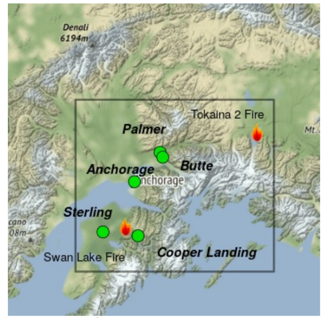 Map shows two fires burning, but good air quality for all communities in Southcentral Alaska.