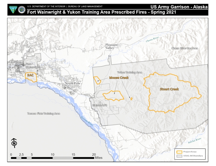 Map showing military training areas scheduled for prescribed burning in the spring of 2021.