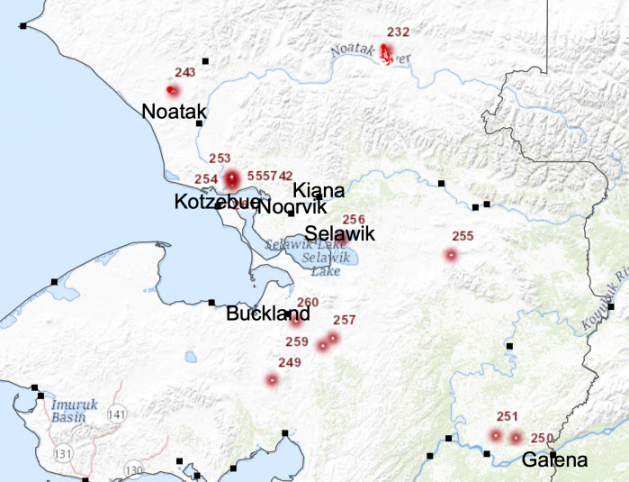 Map of new fires that started when lightning rolled through part of Western Alaska on June 22, 2012 from Galena north to the Kobuk River Valley.