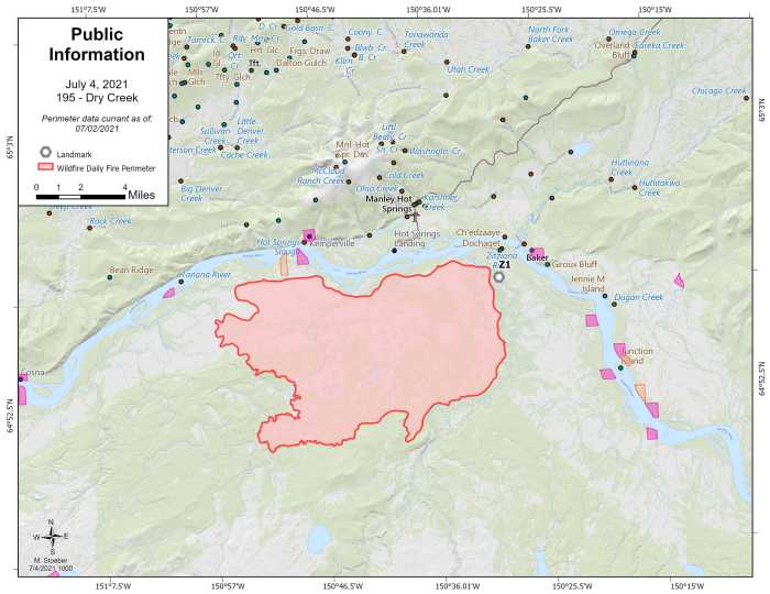 Map of Dry Creek Fire (#195) burning south of Manley Hot Springs on July 4, 2021.