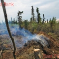 A berm pile smolders along the perimeter of the Haystack Fire