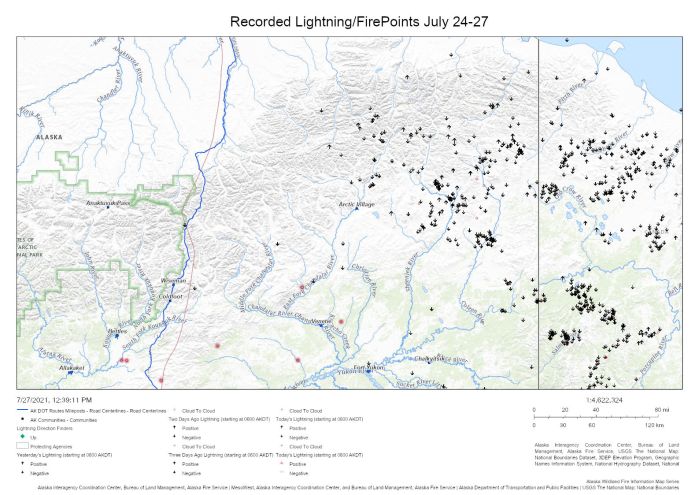 Map of northeastern Alaska showing lightning recorded July 24-27 as black arrows and fires as red dots.