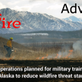 Graphic showing a firefighter using a drip torch to light yellow, dead grass on fire in front of a mountain range to announce upcoming prescribed burning.
