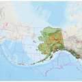 Green map of Alaska with red dots for fire over the pink lined outline of contiguous 48 states.