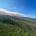 Camp Creek Fire showing moderate fire activity and growth. Smoke across the horizon above a green landscape