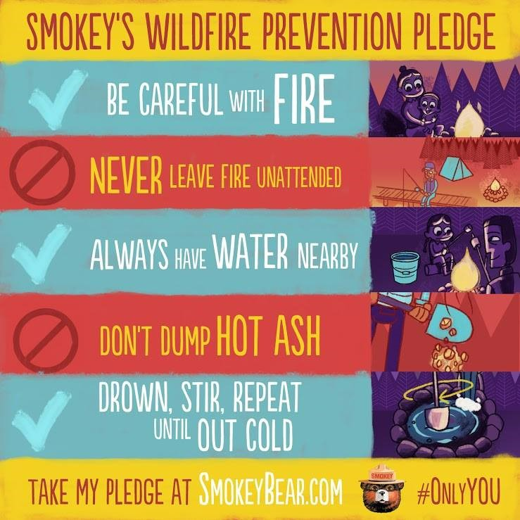 Colorful Smokey Bear graphic showing the steps to ensure your campfire doesn't spark a wildfire.