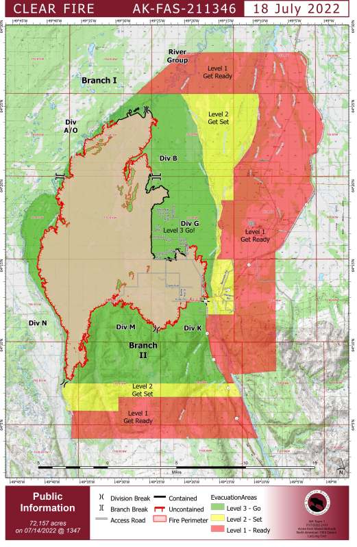 A map with green, yellow, and red section showing fire perimeter and evacuation zones. For evacuation info contact the Denali Borough at 907- 683-1330