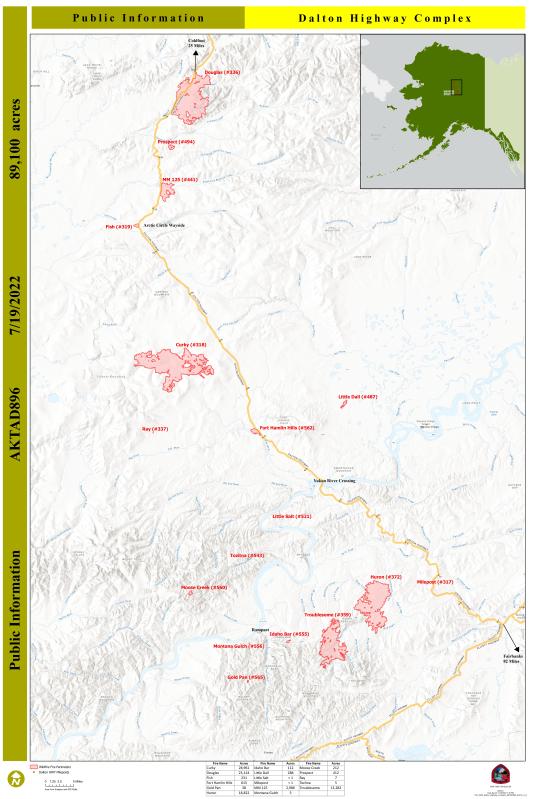 map of the Dalton Highway complex showing the location of all 17 fires within the complex