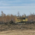 A yellow bulldozer pushes a berm of dirt, brush, and trees with burned area in background and bare dirt in foreground.