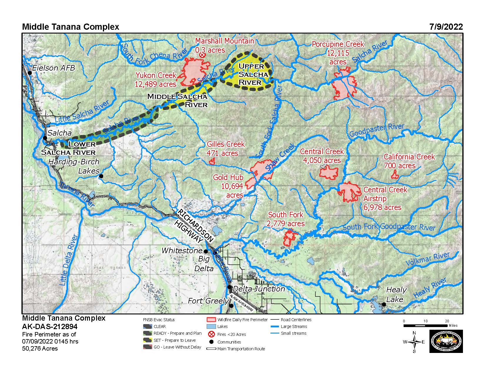 Middle Tanana Complex fire information map showing the nine fires in this complex, including the Yukon Creek, Marshall Mountain, Porcupine Creek, Gilles Creek, Gold Hub, South Fork, Central Creek, Central Creek Airstrip, and California Creek fires.