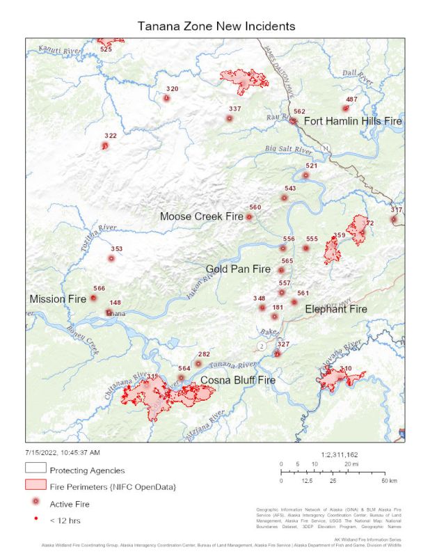 New fire starts on the tanana zone that are shown as red dots