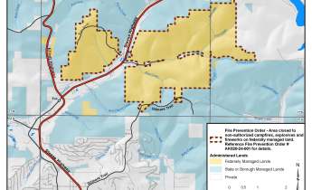 Map of areas on both sides of the Steese Highway where the fire prevention order is in place is in yellow with a dotted red outline.