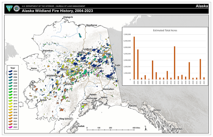 Map of Alaska showing fire history from 2004-2023.
