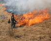 A firefighter stands on the edge of a field of yellow, dead grass while holding a drip torch. The grass is on fire behind him.